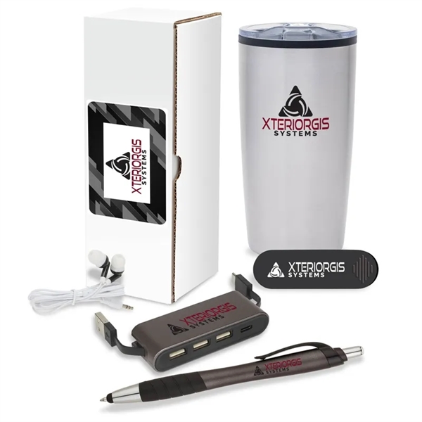 5-piece welcome gift set that includes a 20 oz. tumbler, earbuds,... from ASI 67866 Logomark/Valumark
