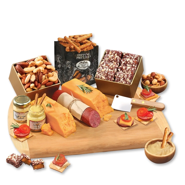 bamboo cutting board with cheese, sausage, toffee, and other treats... from ASI 68680 Maple Ridge Farms Inc