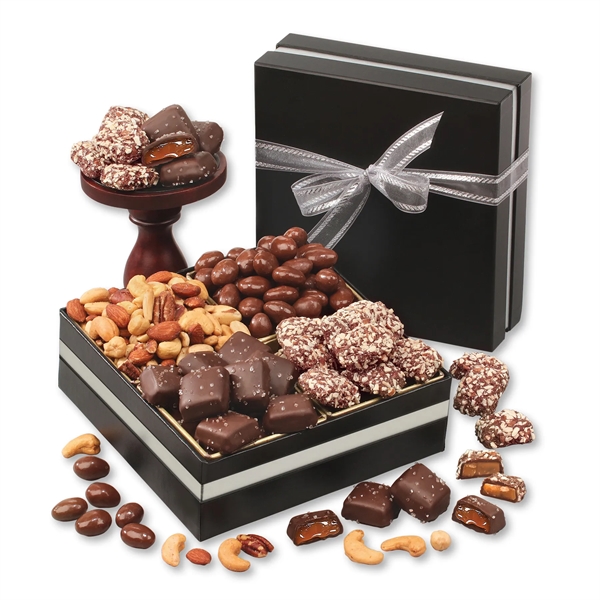 black and silver gift box filled with an assortment of chocolates... from ASI 68680 Maple Ridge Farms Inc