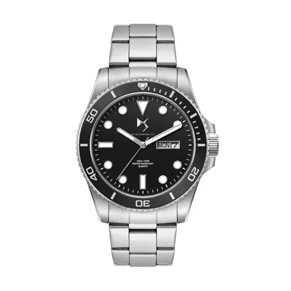 42.5MM, SS, SILVER CASE, BK BEZEL, 3-HAND MVT, DAY-DTE... from ASI 67866 Logomark/Valumark