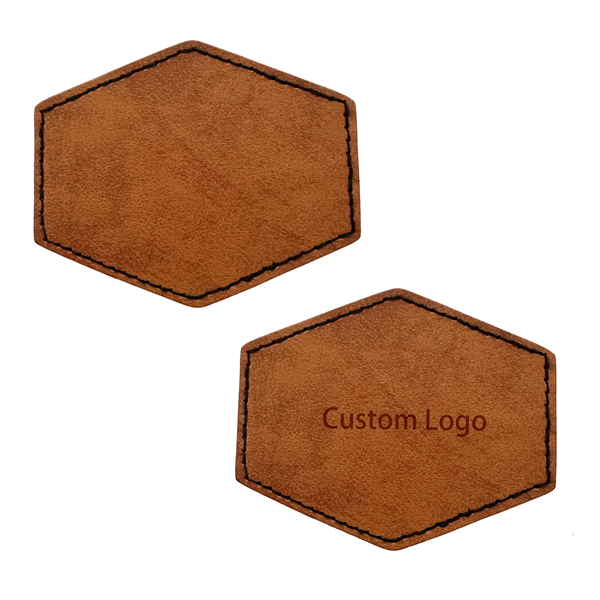 Hexagon shaped leatherette patch with debossed imprint and standard shipping to... from ASI 37218 Athena Promo (tm)