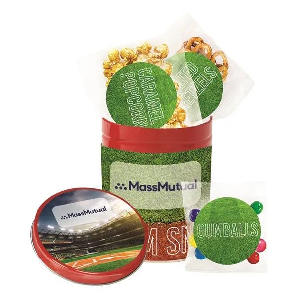 Quart size tin with Big League Chew®, Cracker Jack® and ballpark... from ASI 71685 Midnite Snax®
