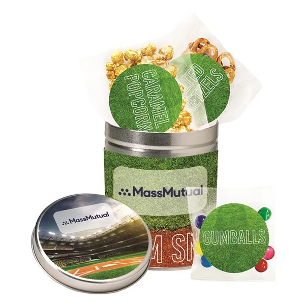 Quart size tin with Big League Chew®, Cracker Jack® and ballpark... from ASI 71685 Midnite Snax®