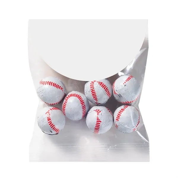 Baseball themed header bag filled with 1.6 oz. of chocolate baseballs.... from ASI 71685 Midnite Snax®