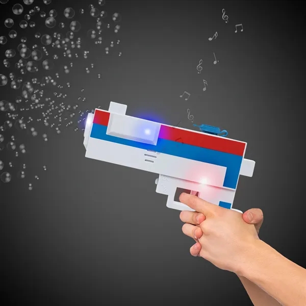 Red, white and blue colored, pixel-designed bubble gun with built-in LED... from ASI 42016 Brighter Promotions Inc
