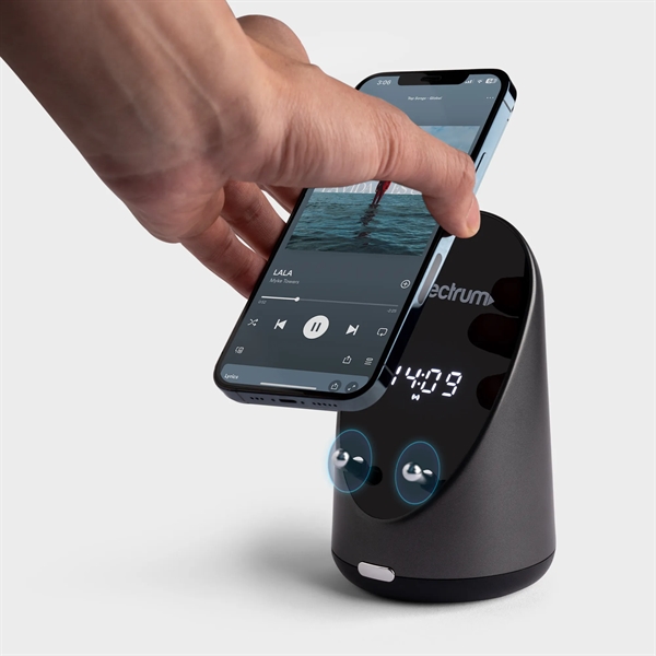 A wireless charging phone stand capable of amplifying music and wireless... from ASI 91435 Tomax USA / Tomax