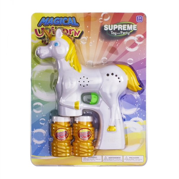 Unicorn shaped bubble gun with LED lights, 2 replaceable AA batteries... from ASI 42016 Brighter Promotions Inc