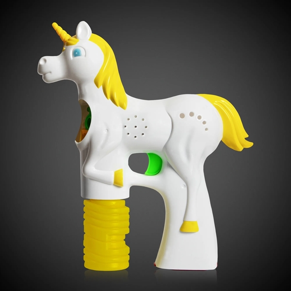 Unicorn shaped bubble gun with LED lights, 2 replaceable AA batteries... from ASI 42016 Brighter Promotions Inc