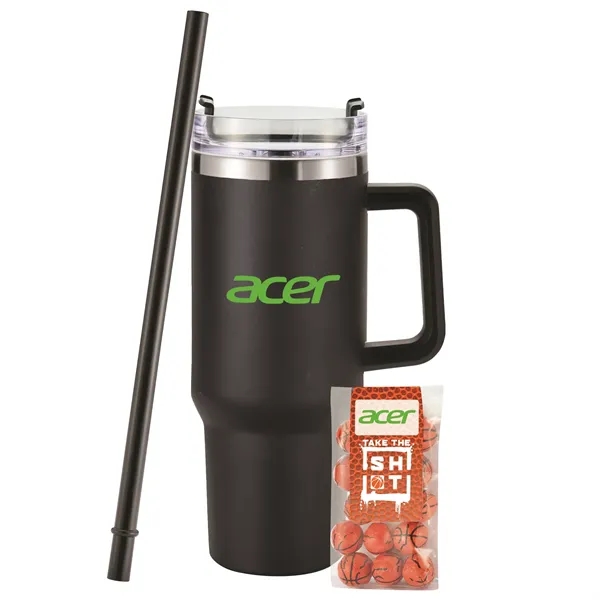 Insulated tumbler with chocolate basketballs... from ASI 71685 Midnite Snax® / Promo Revolution