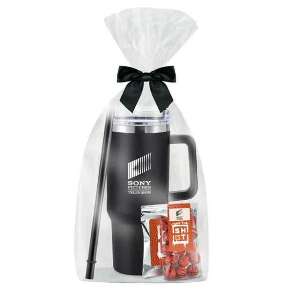 Insulated tumbler with chocolate basketballs & Gatorade® drink packet.... from ASI 71685 Midnite Snax® / Promo Revolution