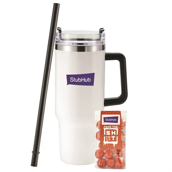 Insulated tumbler with chocolate basketballs... from ASI 71685 Midnite Snax® / Promo Revolution
