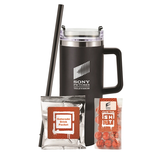 Insulated tumbler with chocolate basketballs & Gatorade® drink packet.... from ASI 71685 Midnite Snax® / Promo Revolution