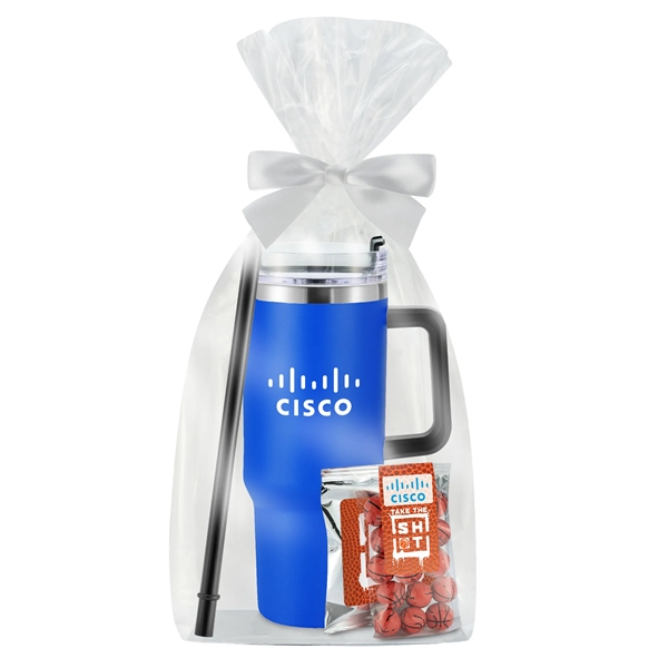 Insulated tumbler with chocolate basketballs & Gatorade® drink packet.... from ASI 71685 Midnite Snax® / Promo Revolution