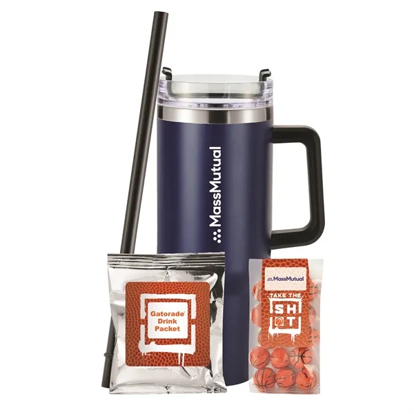 Insulated tumbler with chocolate basketballs & Gatorade® drink packet.... from ASI 71685 Midnite Snax® / Promo Revolution