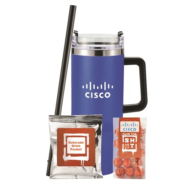 Insulated tumbler with chocolate basketballs & Gatorade® drink packet.... from ASI 71685 Midnite Snax® / Promo Revolution