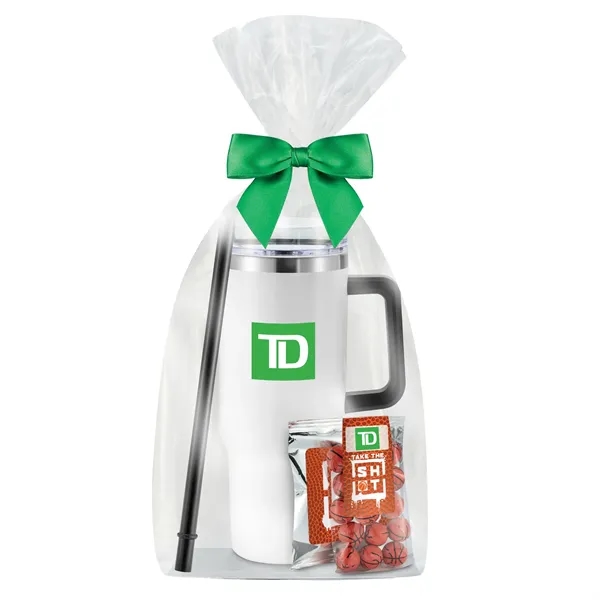 Insulated tumbler with chocolate basketballs & Gatorade® drink packet.... from ASI 71685 Midnite Snax® / Promo Revolution