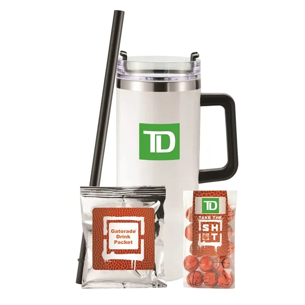 Insulated tumbler with chocolate basketballs & Gatorade® drink packet.... from ASI 71685 Midnite Snax® / Promo Revolution