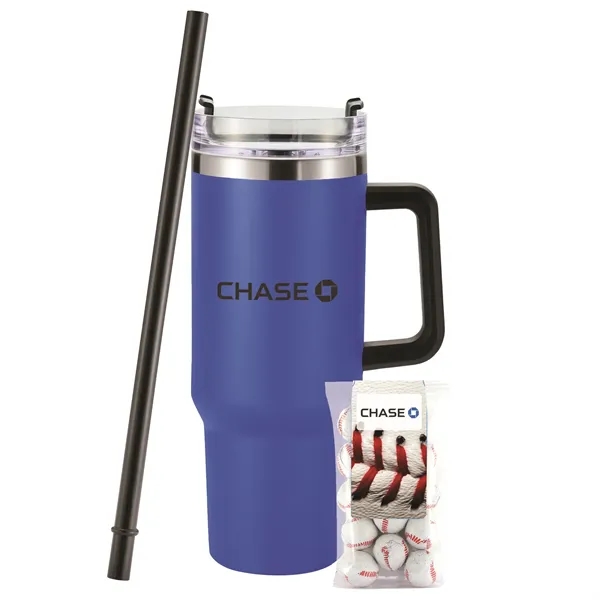 Insulated tumbler with chocolate baseballs... from ASI 71685 Midnite Snax® / Promo Revolution