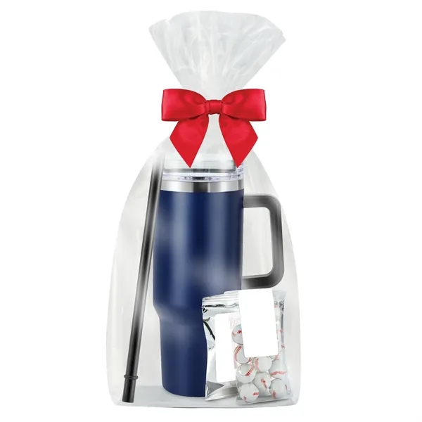 Insulated tumbler with chocolate basketballs & Gatorade® drink packet.... from ASI 71685 Midnite Snax® / Promo Revolution