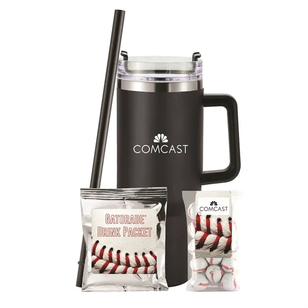 Insulated tumbler with chocolate basketballs & Gatorade® drink packet.... from ASI 71685 Midnite Snax® / Promo Revolution