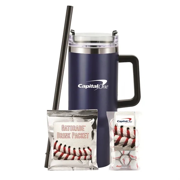 Insulated tumbler with chocolate basketballs & Gatorade® drink packet.... from ASI 71685 Midnite Snax® / Promo Revolution