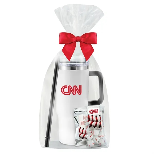 Insulated tumbler with chocolate basketballs & Gatorade® drink packet.... from ASI 71685 Midnite Snax® / Promo Revolution