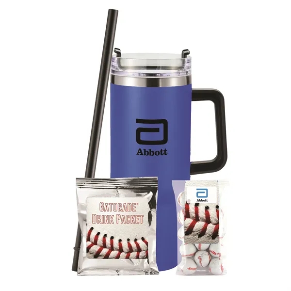 Insulated tumbler with chocolate basketballs & Gatorade® drink packet.... from ASI 71685 Midnite Snax® / Promo Revolution