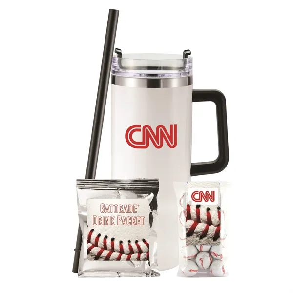 Insulated tumbler with chocolate basketballs & Gatorade® drink packet.... from ASI 71685 Midnite Snax® / Promo Revolution