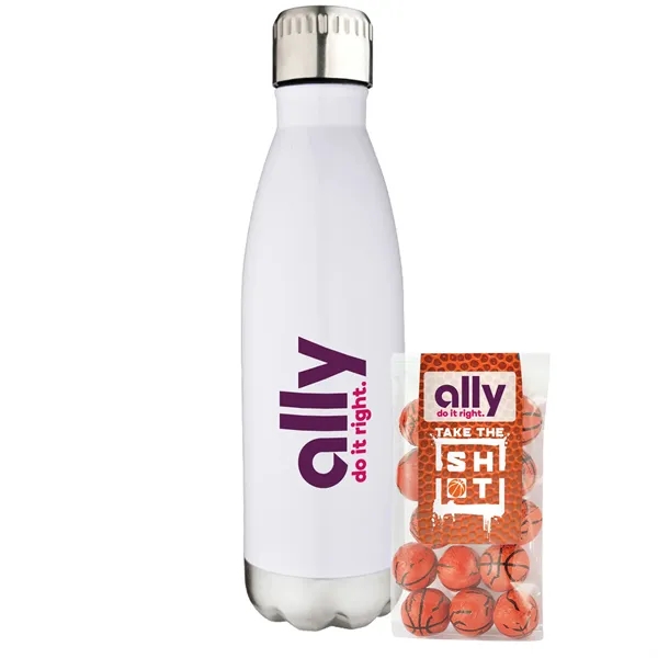 Insulated water bottle with chocolate basketballs... from ASI 71685 Midnite Snax® / Promo Revolution