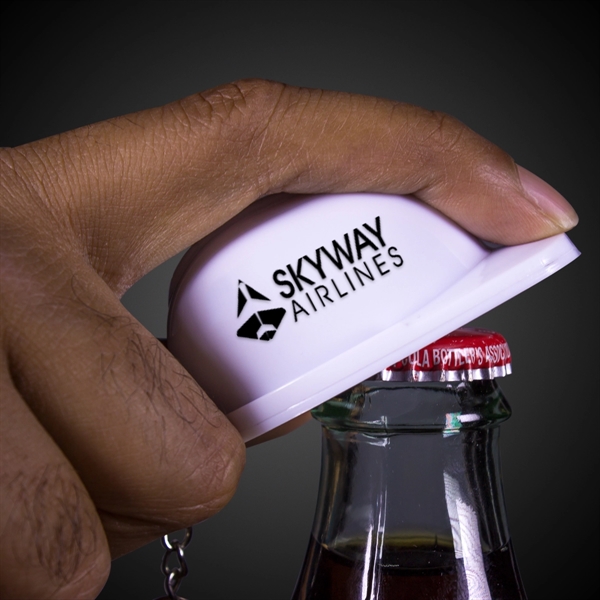 Construction hat-shaped bottle opener keychain, made of plastic.... from ASI 42016 Brighter Promotions Inc