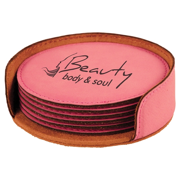 Set of six pink round coasters with a holder and individual... from ASI 74601 Calico