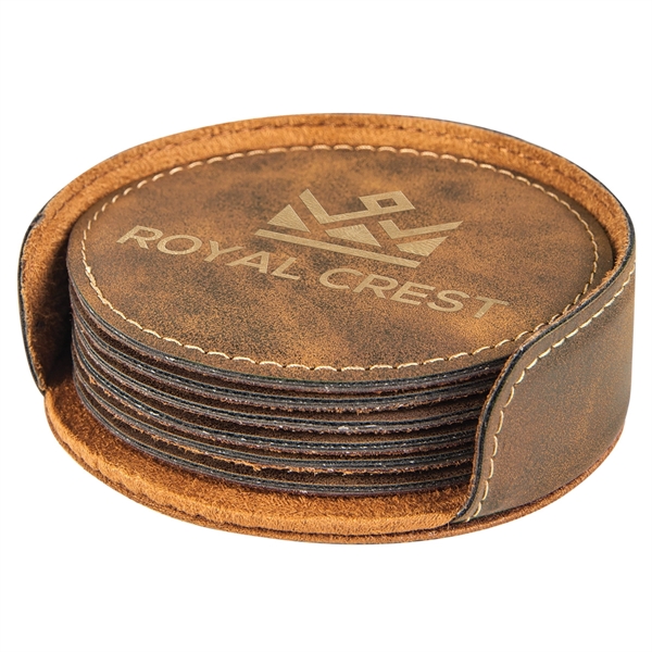 Set of six rustic brown round coasters with a holder and... from ASI 74601 Calico