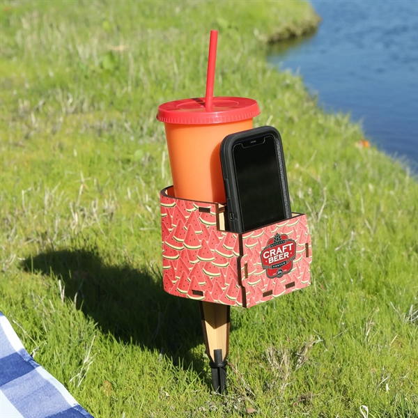 A bamboo composed phone and cup holder... from ASI 61966 HPG / OrigAudio HPG Gold
