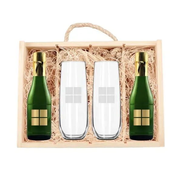 Gift set with two mini sparkling wine bottles, two stemless flutes,... from ASI 30223 A Plus Wine Designs