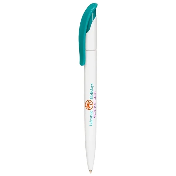 Customizable white plastic pen with colorful plunger action mechanism and clip.... from ASI 39552 BEL Promo