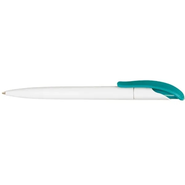 Customizable white plastic pen with colorful plunger action mechanism and clip.... from ASI 39552 BEL Promo