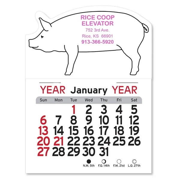 Pig-shaped 4"H x 3"W Peel-N-Stick® vinyl 12-month calendars with full-color digital... from ASI 54040 Fey Promo / Fey Calendar Impressions