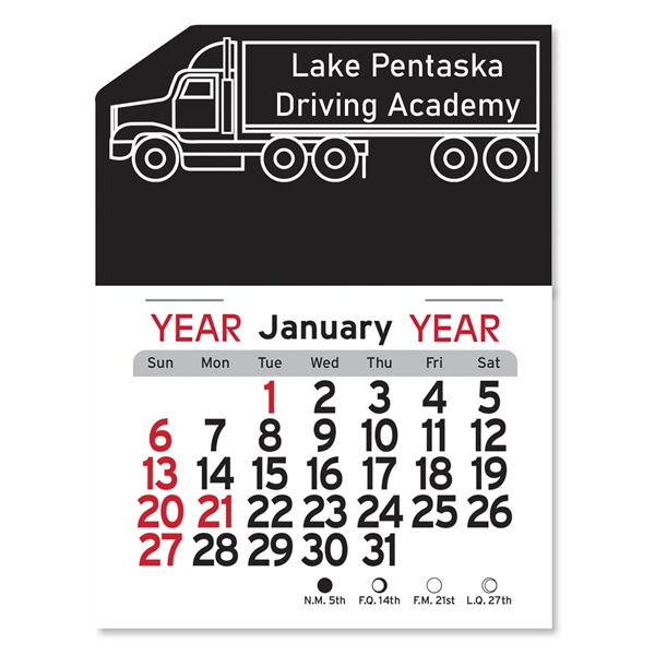 Semi-truck shaped 4"H x 3"W Peel-N-Stick® vinyl 12-month calendars with full-color... from ASI 54040 Fey Promo / Fey Calendar Impressions