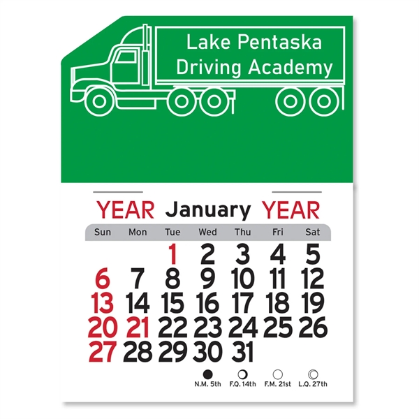 Semi-truck shaped 4"H x 3"W Peel-N-Stick® vinyl 12-month calendars with full-color... from ASI 54040 Fey Promo / Fey Calendar Impressions