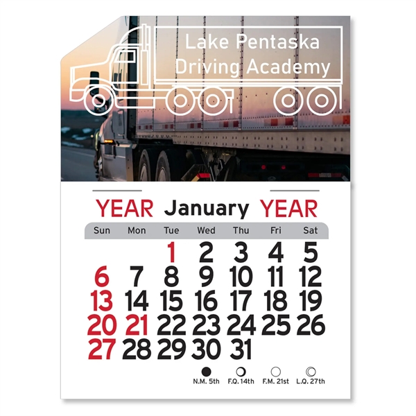 Semi-truck shaped 4"H x 3"W Peel-N-Stick® vinyl 12-month calendars with full-color... from ASI 54040 Fey Promo / Fey Calendar Impressions