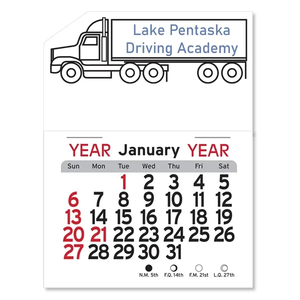 Semi-truck shaped 4"H x 3"W Peel-N-Stick® vinyl 12-month calendars with full-color... from ASI 54040 Fey Promo / Fey Calendar Impressions