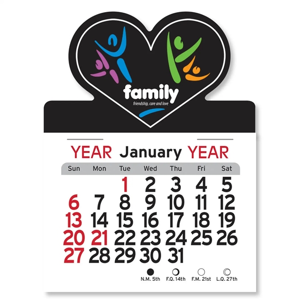 Heart-shaped 4"H x 3"W Peel-N-Stick® vinyl 12-month calendars with full-color digital... from ASI 54040 Fey Promo / Fey Calendar Impressions
