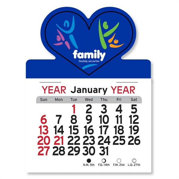 Heart-shaped 4"H x 3"W Peel-N-Stick® vinyl 12-month calendars with full-color digital... from ASI 54040 Fey Promo / Fey Calendar Impressions