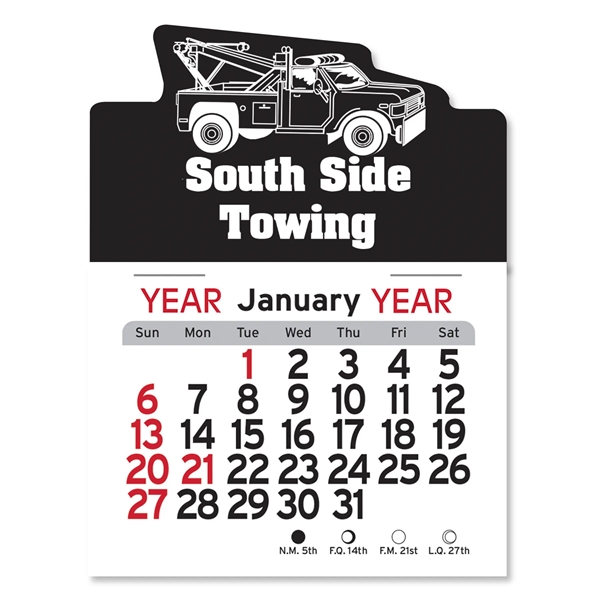 Tow truck-shaped 4"H x 3"W Peel-N-Stick® vinyl 12-month calendars with full-color... from ASI 54040 Fey Promo / Fey Calendar Impressions