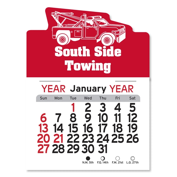 Tow truck-shaped 4"H x 3"W Peel-N-Stick® vinyl 12-month calendars with full-color... from ASI 54040 Fey Promo / Fey Calendar Impressions