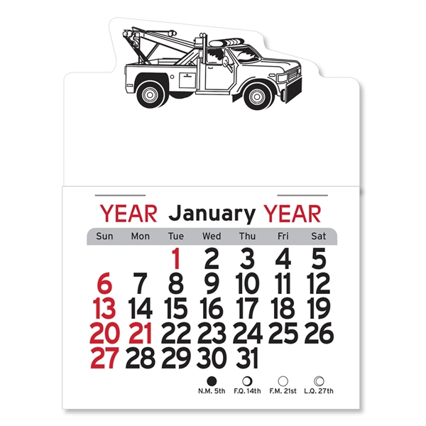 Tow truck-shaped 4"H x 3"W Peel-N-Stick® vinyl 12-month calendars with full-color... from ASI 54040 Fey Promo / Fey Calendar Impressions