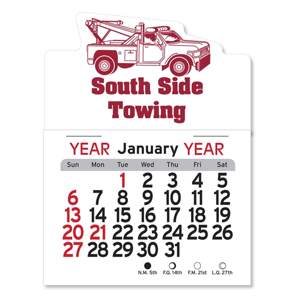 Tow truck-shaped 4"H x 3"W Peel-N-Stick® vinyl 12-month calendars with full-color... from ASI 54040 Fey Promo / Fey Calendar Impressions