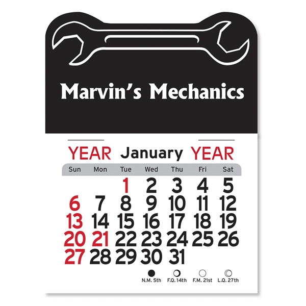 Wrench-themed 4"H x 3"W Peel-N-Stick® white vinyl 12-month calendars with full-color... from ASI 54040 Fey Promo / Fey Calendar Impressions