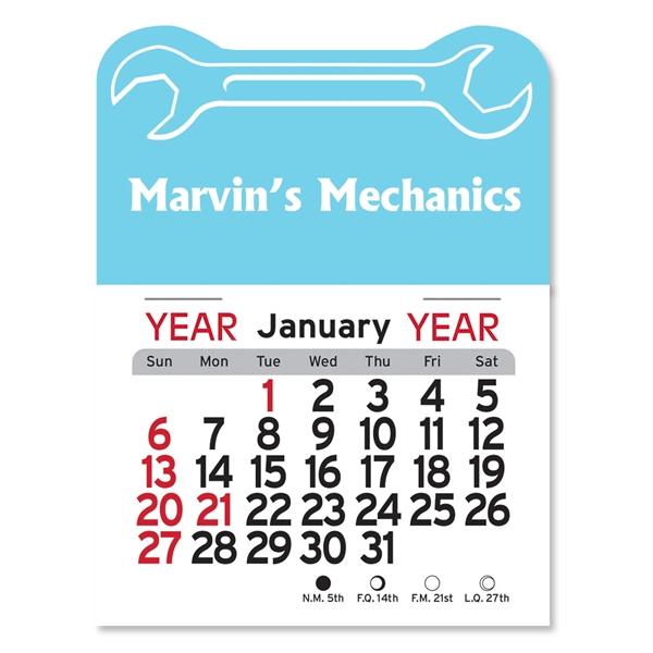 Wrench-themed 4"H x 3"W Peel-N-Stick® white vinyl 12-month calendars with full-color... from ASI 54040 Fey Promo / Fey Calendar Impressions