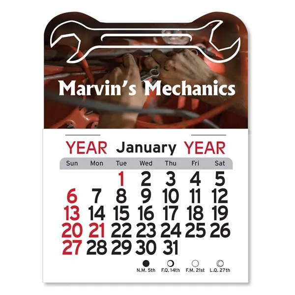 Wrench-themed 4"H x 3"W Peel-N-Stick® white vinyl 12-month calendars with full-color... from ASI 54040 Fey Promo / Fey Calendar Impressions